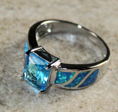 SILVER Elegant Blue Fire Opal & Sky Blue Topaz Rectangular Ring Size 8, WR41302
