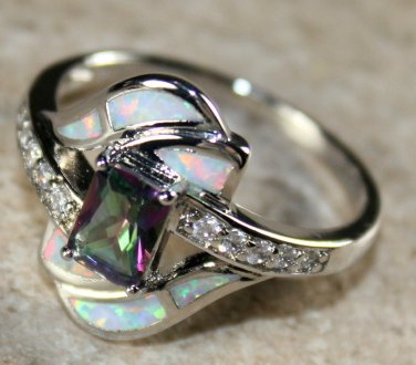 SILVER Elegant White Fire Opal & Rainbow Topaz Ring Size 7 Woman Gift WR40604