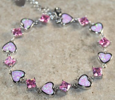 Silver Elegant Pink Fire Opal & Pink Kunzite Heart Bracelet