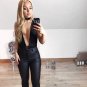 Black Sleeveless Bodysuit Deep V Neck Thong Leotard Romper Jumpsuit with Belt