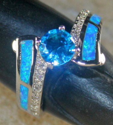 SILVER Elegant Blue Fire Opal & Sky Blue Topaz Ring Size 8 WR40905