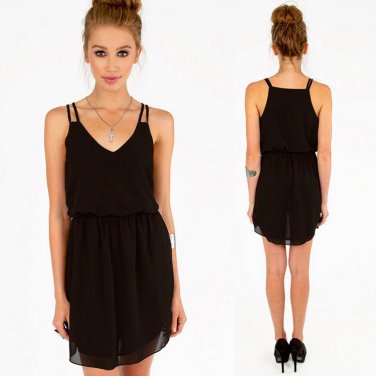 Black Chaotic Chiffon Slim Sling V-neck Strip Off shoulder Casual Midi Dress