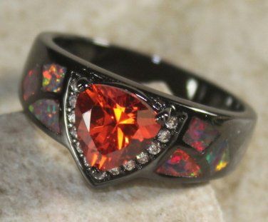 BLACK SILVER Elegant Orange Fire Opal & Orange Red Garnet Ring Size 7, WR40805