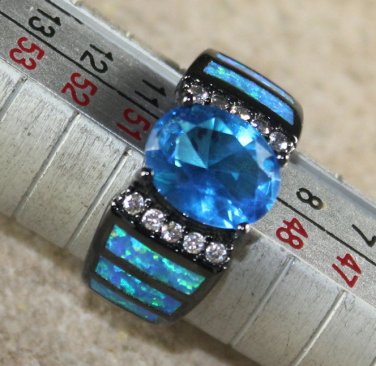 BLACK SILVER Elegant Blue Fire Opal & Royal Blue Topaz Oval Ring Sz 8, WR41801