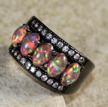BLACK SILVER Elegant Orange Fire Opal 5 Stone Ring Size 8, WR41005