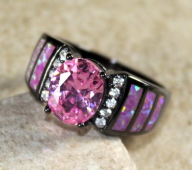 BLACK SILVER Elegant Pink Fire Opal & Pink Kunzite Oval Ring Size 6, WR41805