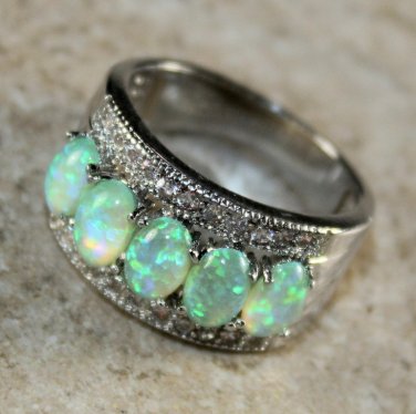 SILVER Elegant Green Fire Opal 5 Stone Ring Size 6 WR41104