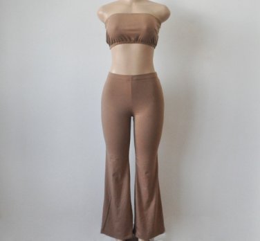 2 Pcs Sexy Coffee Brown Boob Tube Top HALTER FIT Strapless  Bell-bottom Trousers