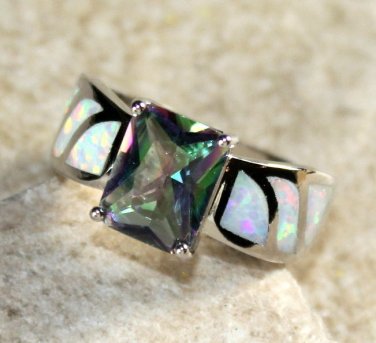 SILVER Elegant White Fire Opal & Rainbow Topaz Rectangular Ring Size 6, WR41301