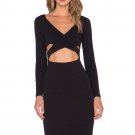 Black HALTER Skirt MIDI Dress Evening Party Club Long Sleeve Sling Sundress