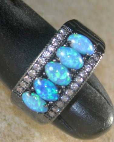 BLACK SILVER Elegant Blue Fire Opal 5 Stone Ring Size 5, WR41003