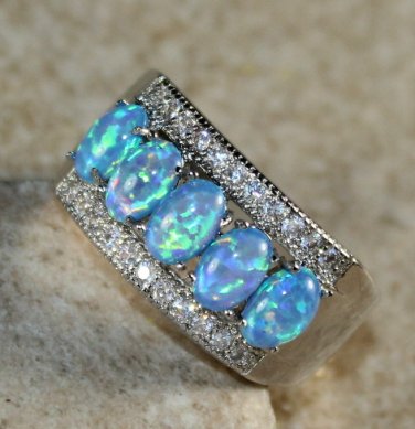 SILVER Elegant Blue Fire Opal 5 Stone Ring Size 5 WR41105