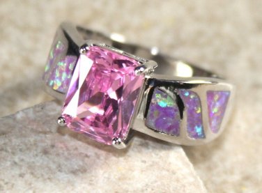 SILVER Elegant Pink Fire Opal & Pink Kunzite Rectangular Ring Size 8, WR41303