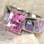 SILVER Elegant Pink Fire Opal & Pink Kunzite Rectangular Ring Size 8, WR41303
