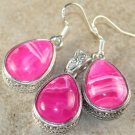 SILVER Vintage Style Pink Red Agate Teardrop Pendant & Earrings Set Woman Gift