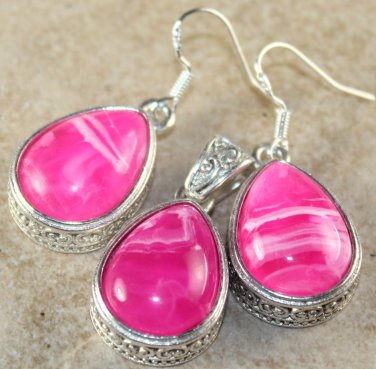 SILVER Vintage Style Pink Red Agate Teardrop Pendant & Earrings Set Woman Gift