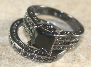 Black SILVER Elegant Black Onyx Wedding & Engagement Ring Set Size 10