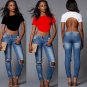 Sexy White  Backless Short Sleeve O Neck Tank Top Semi Sheer T-shirt