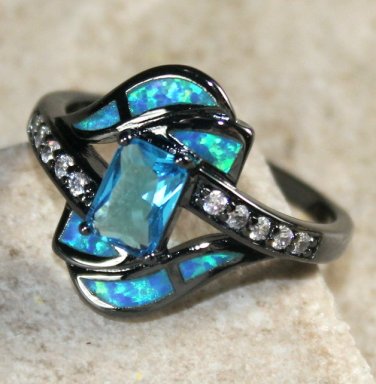 BLACK SILVER Elegant Blue Fire Opal & Sky Blue Topaz Ring Size 7, WR40501