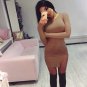 Coffee Brown MICRO FIBER HIGH SLIT Long Sleeve Midi DRESS Sexy Skirt Bodycon