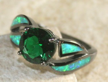 Black SILVER Elegant Green Fire Opal & Green Peridot Ring Size 5, WR40104