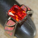 Black SILVER Elegant Orange Fire Opal & Garnet Rectangular Ring Size 6, WR41202