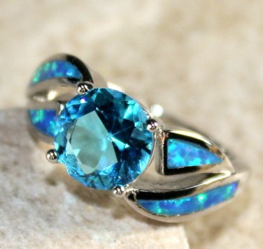 SILVER Elegant Blue Fire Opal & Royal Blue Topaz Ring Size 7, WR40202
