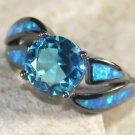 Black SILVER Elegant Blue Fire Opal & Royal Blue Topaz Ring Size 5, WR40103