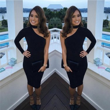 Black DAZZLING OFF-THE-SHOULDER HIGH SLIT SLINKY Midi DRESS Sexy Skirt Bodycon