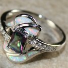 SILVER Elegant White Fire Opal & Rainbow Topaz Ring Size 6 Woman Gift WR40604