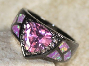 BLACK SILVER Elegant Pink Fire Opal & Pink Kunzite Ring Size 5, WR40804