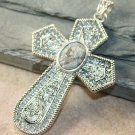 SILVER Gray 12x16MM Oval Cameo Titanium Druzy Cross Pendant 2 5/8 " X 1 5/8 "