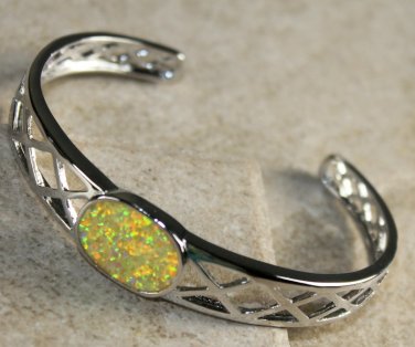 Silver Elegant Yellow Fire Opal Oval Bracelet Cuff Open End