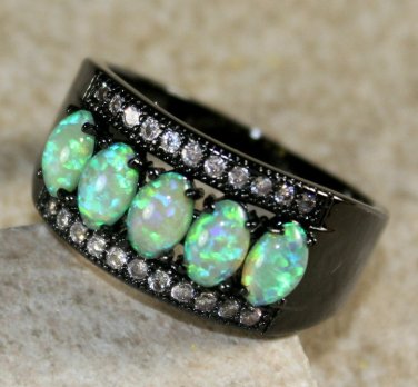 BLACK SILVER Elegant Green Fire Opal 5 Stone Ring Size 5, WR41002