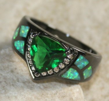 BLACK SILVER Elegant Green Fire Opal & Green Peridot Ring Size 8, WR40803