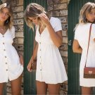 Women's White Button Boho Midi Skirt Evening Cocktail Party Dress Swing Sundress