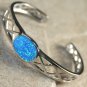 Silver Elegant Blue Fire Opal Oval Bracelet Cuff Open End