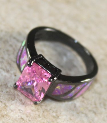BLACK SILVER Elegant Pink Fire Opal & Kunzite Rectangular Ring Size 6, WR41203