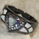 BLACK SILVER Elegant White Fire Opal & Rainbow Topaz Ring Size 8, WR40801