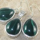 SILVER Vintage Style Green Moss Agate Teardrop Pendant & Earrings Set