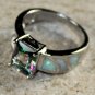 SILVER Elegant White Fire Opal & Rainbow Topaz Rectangular Ring Size 8, WR41301