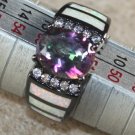 BLACK SILVER Elegant White Fire Opal & Rainbow Topaz Oval Ring Size 9, WR41802