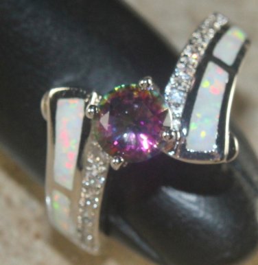 SILVER Elegant White Fire Opal & Rainbow Topaz Ring Size 5 WR40904