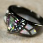 BLACK SILVER Elegant White Fire Opal & Rainbow Topaz Ring Size 7, WR40801