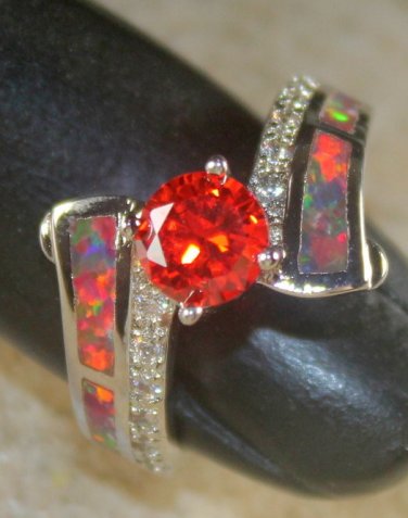 SILVER Elegant Orange Fire Opal & Orange Red Garnet Ring Size 8 WR40901