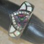 BLACK SILVER Elegant White Fire Opal & Rainbow Topaz Ring Size 5, WR40801