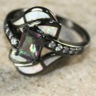 BLACK SILVER Elegant White Fire Opal & Rainbow Topaz Ring Size 9, WR40503