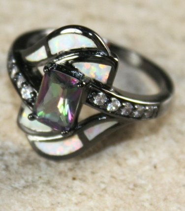 BLACK SILVER Elegant White Fire Opal & Rainbow Topaz Ring Size 9, WR40503