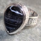 SILVER Vintage Style Black Agate Teardrop Ring Size 7.25