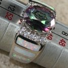 SILVER Elegant White Fire Opal & Rainbow Topaz Oval Ring Size 6, WR41704